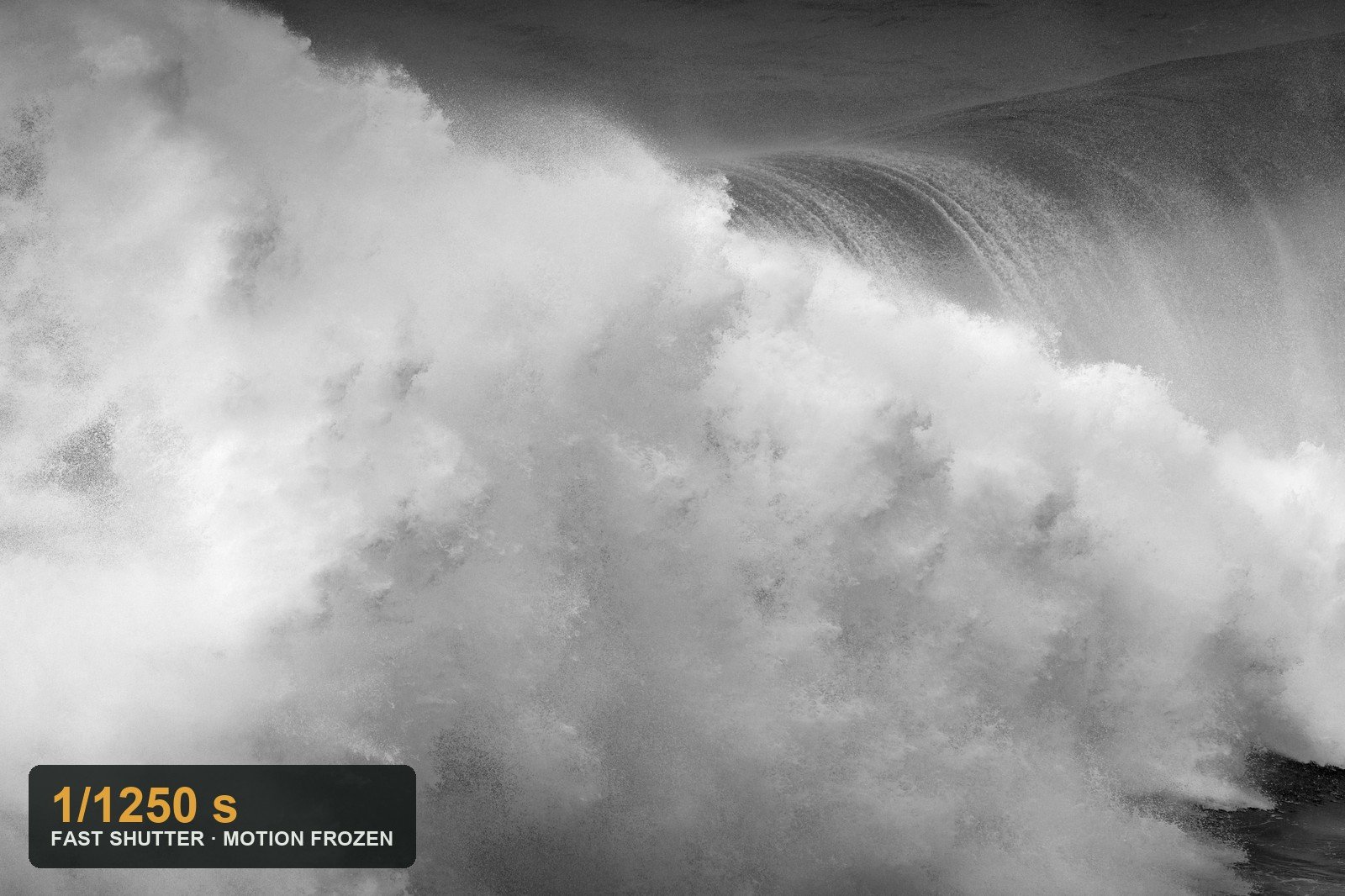 A breaking wave frozen at 1/1250 s, every droplet of spray suspended sharply in the air