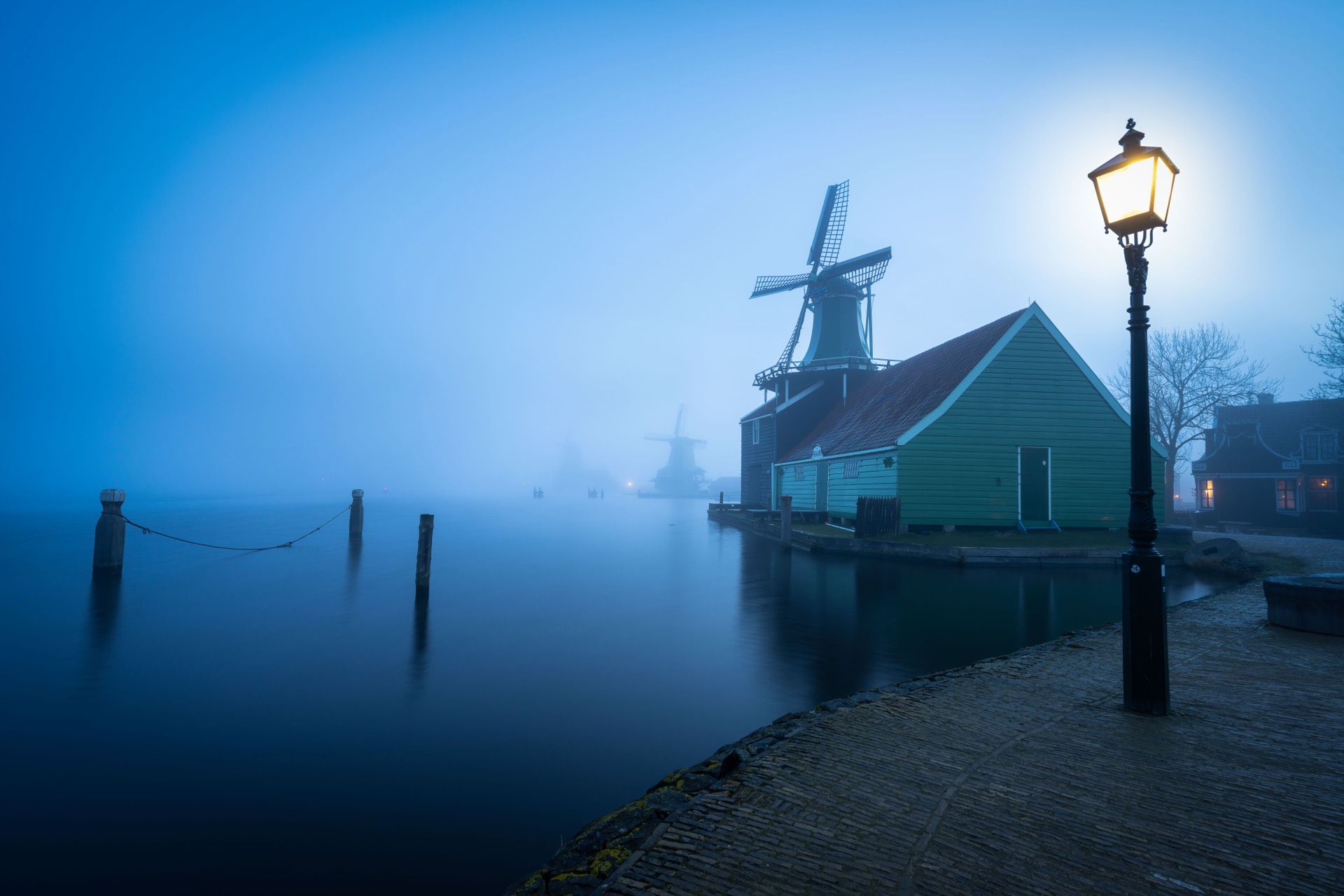 Foggy blue-hour dawn over a Dutch harbor with windmills