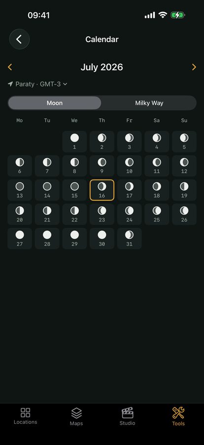 Viewpoint's almanac calendar set to Milky Way