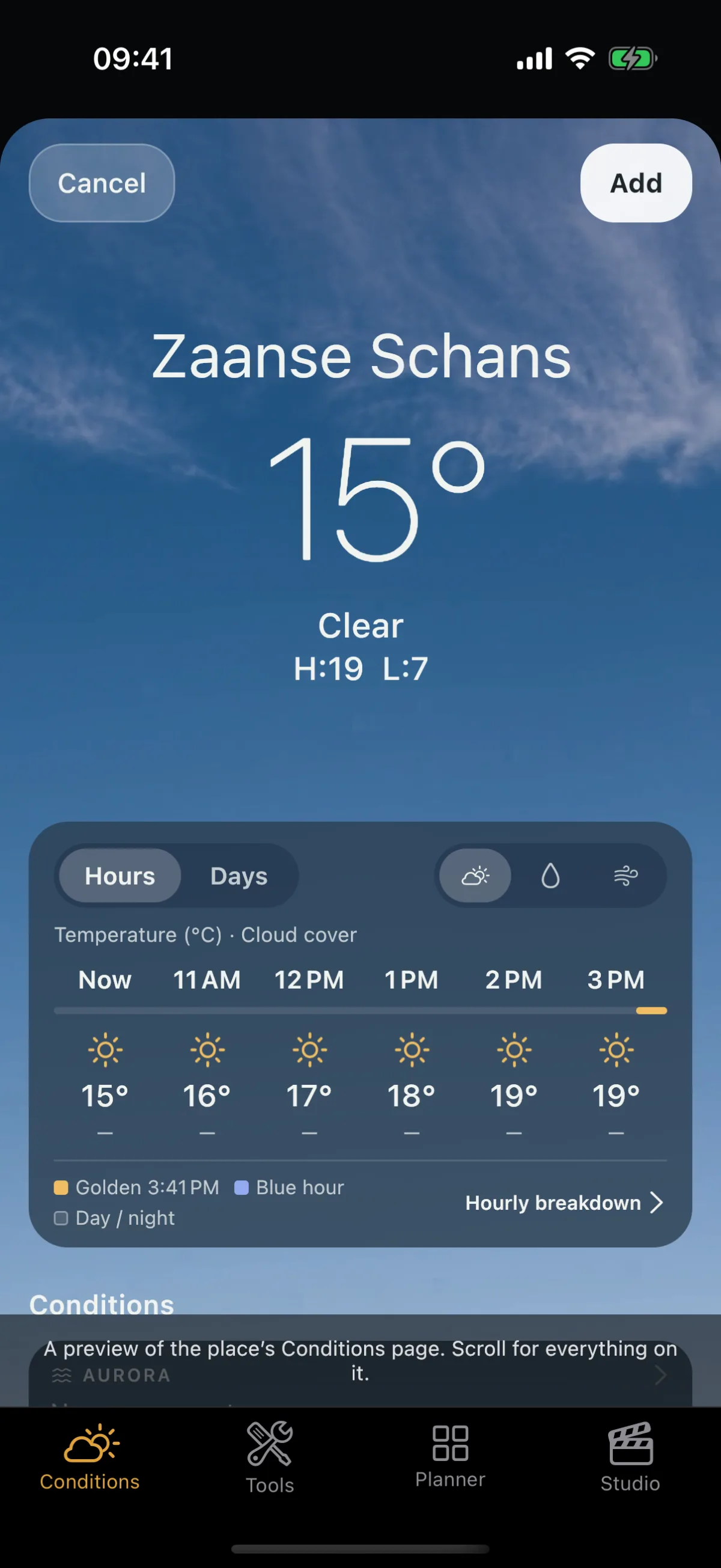 iPhone 上的添加预览:所选地点的“条件”页面,左上角是“取消”,右上角是“添加”,还有一条说明提示这是可以滚动浏览的预览。