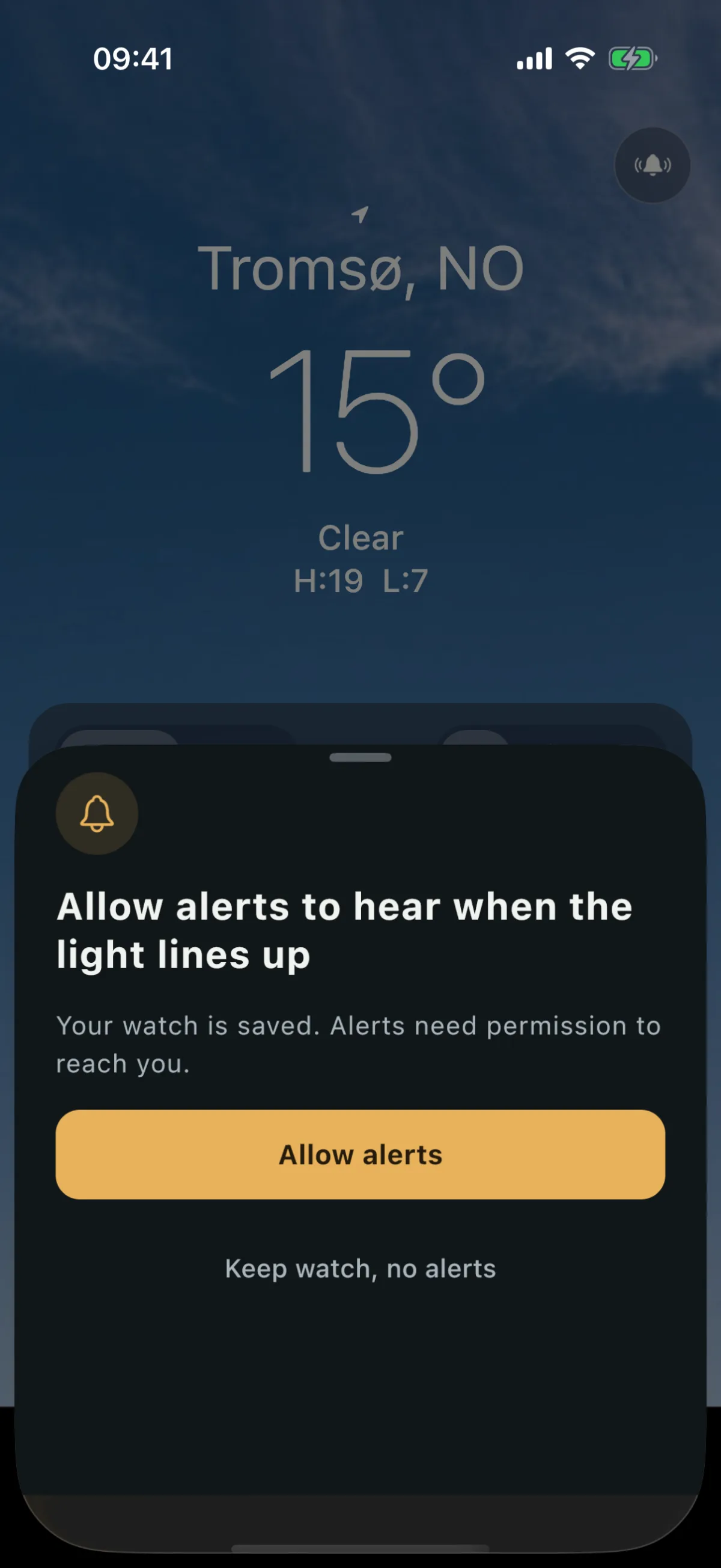iPhone 上第一次轻点铃铛时：一个面板说明提醒需要权限才能送达，下方有“允许提醒”按钮，以及保留地点但不接收提醒的选项。