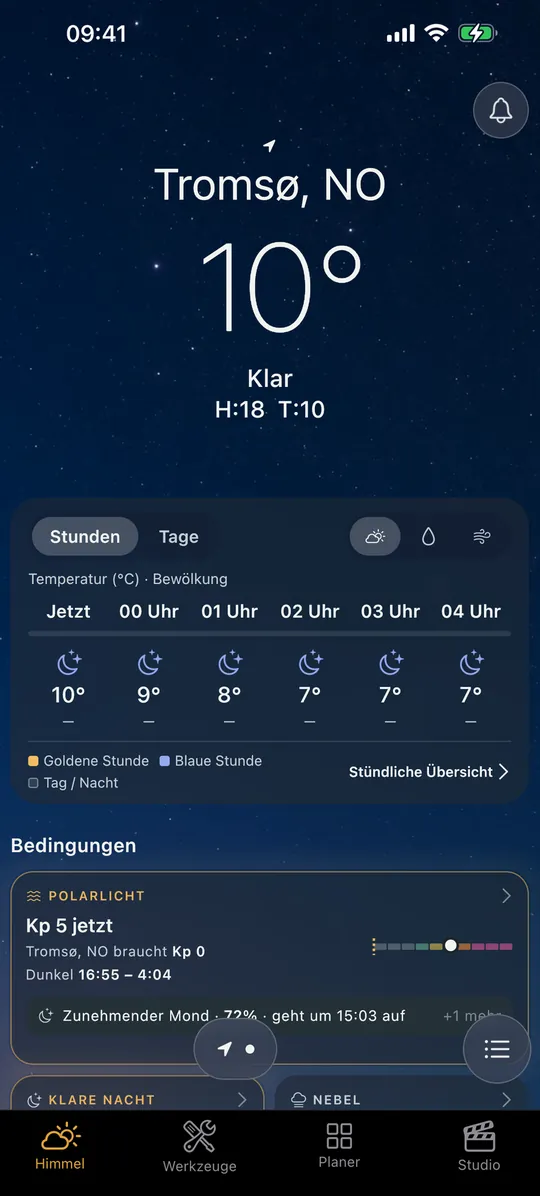 Der Bildschirm „Himmel“ in der Viewpoint-App