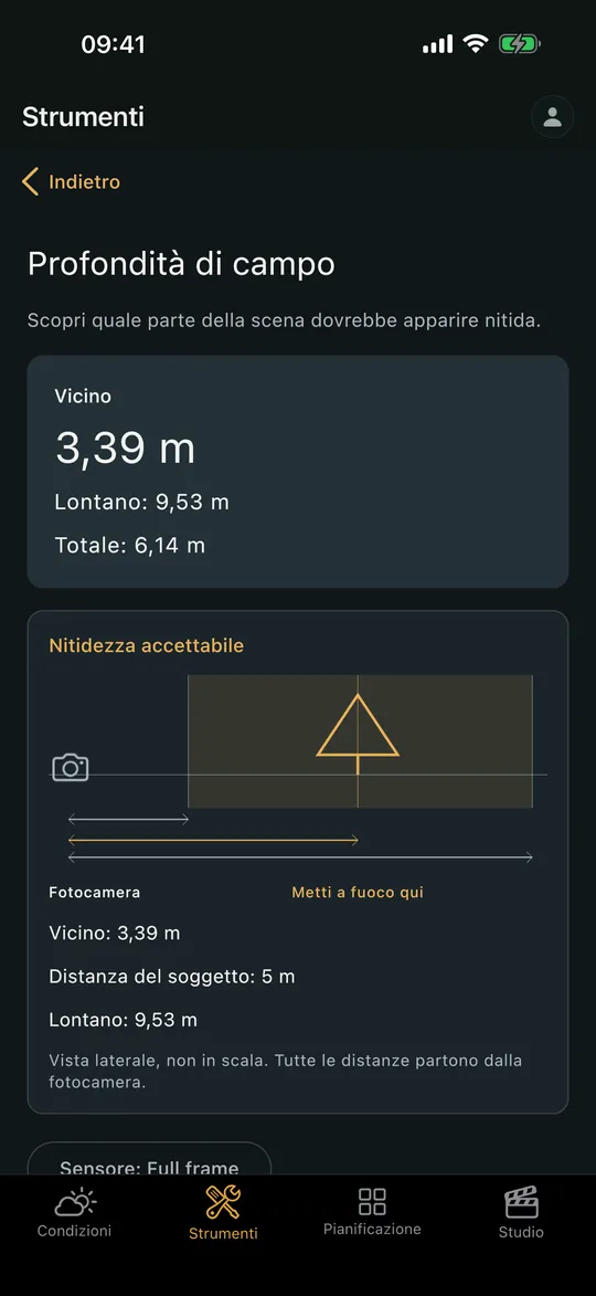 La schermata «calcolatore Profondità di campo» nell’app Viewpoint