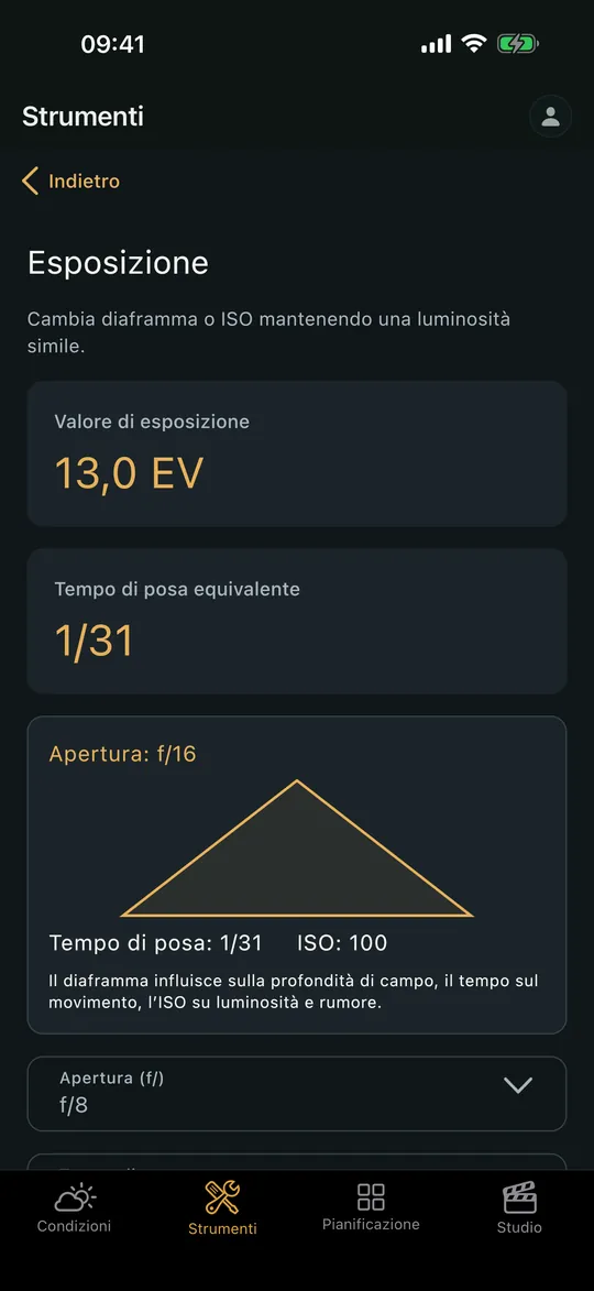 La schermata «calcolatore Esposizione» nell’app Viewpoint