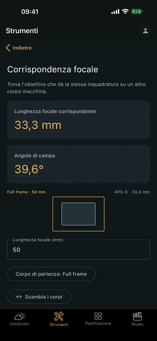 La schermata «calcolatore Corrispondenza focale» nell’app Viewpoint