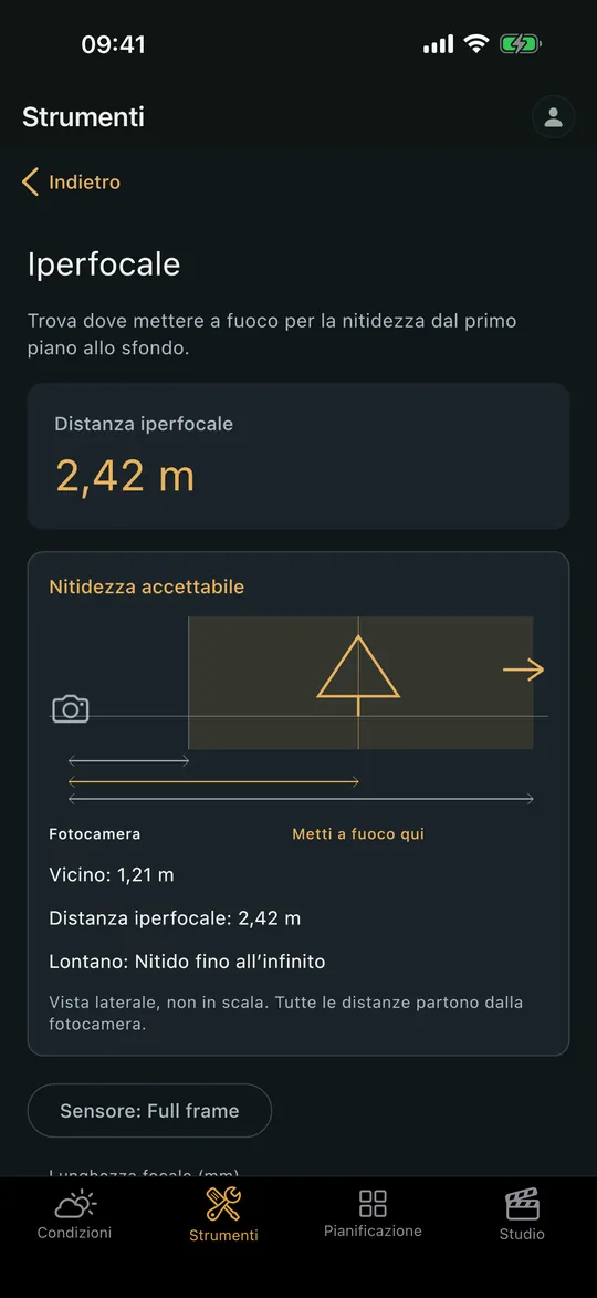 La schermata «calcolatore Iperfocale» nell’app Viewpoint