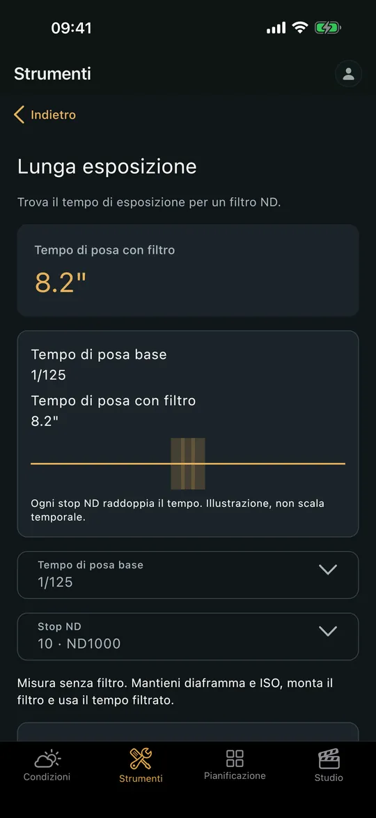 La schermata «calcolatore Lunga esposizione» nell’app Viewpoint