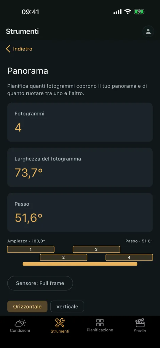 La schermata «calcolatore Panorama» nell’app Viewpoint
