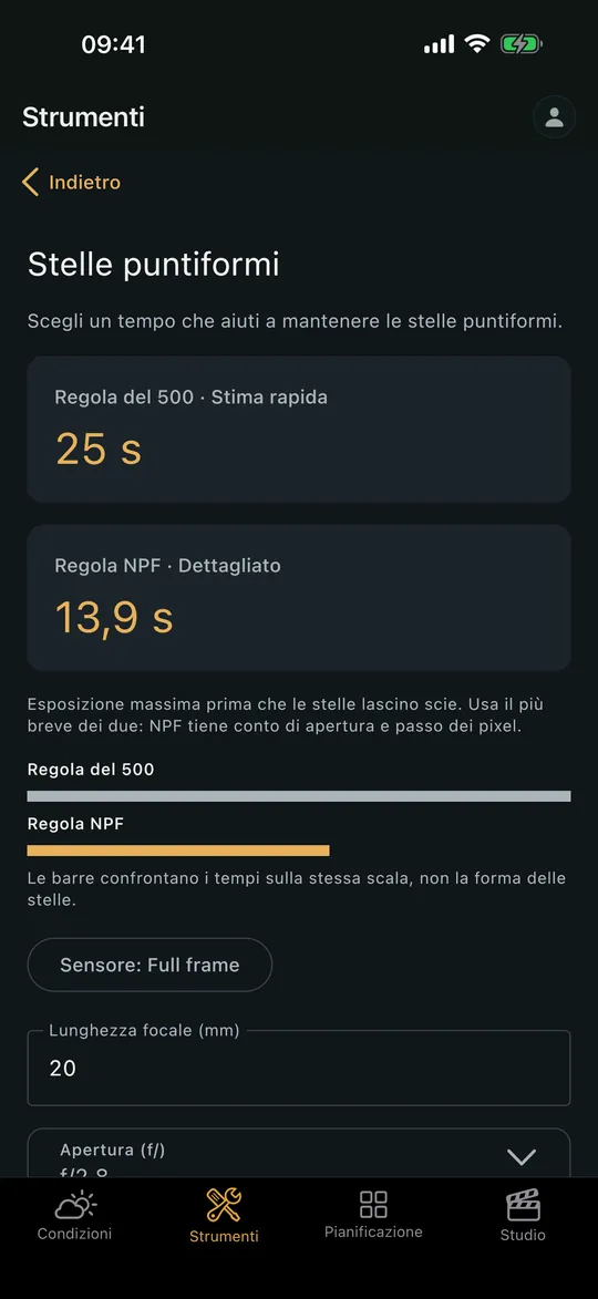 La schermata «calcolatore Stelle puntiformi» nell’app Viewpoint