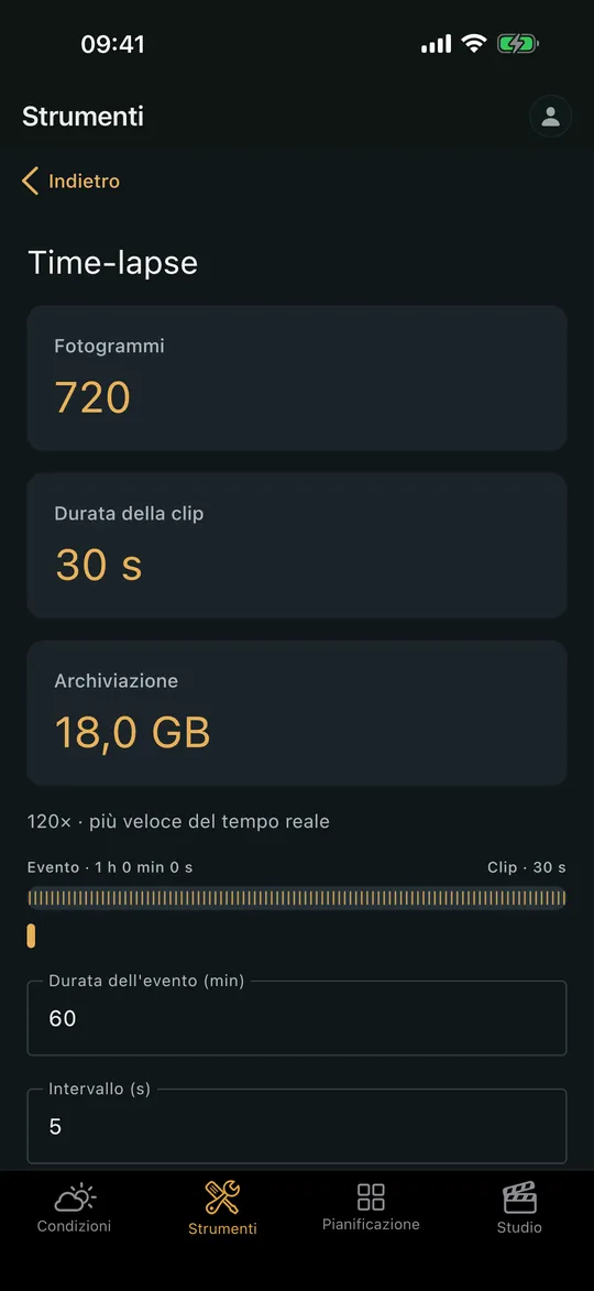La schermata «calcolatore Time-lapse» nell’app Viewpoint