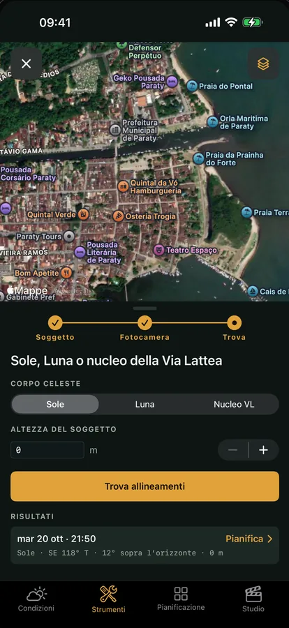Il Pianificatore di allineamenti trova quando sole, luna o nucleo della Via Lattea si allineano con il tuo soggetto