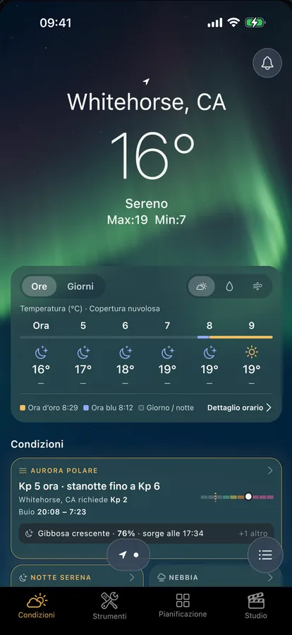 La pagina Condizioni di Viewpoint per Whitehorse: l’aurora con il Kp necessario, una striscia oraria e un riquadro per ogni condizione