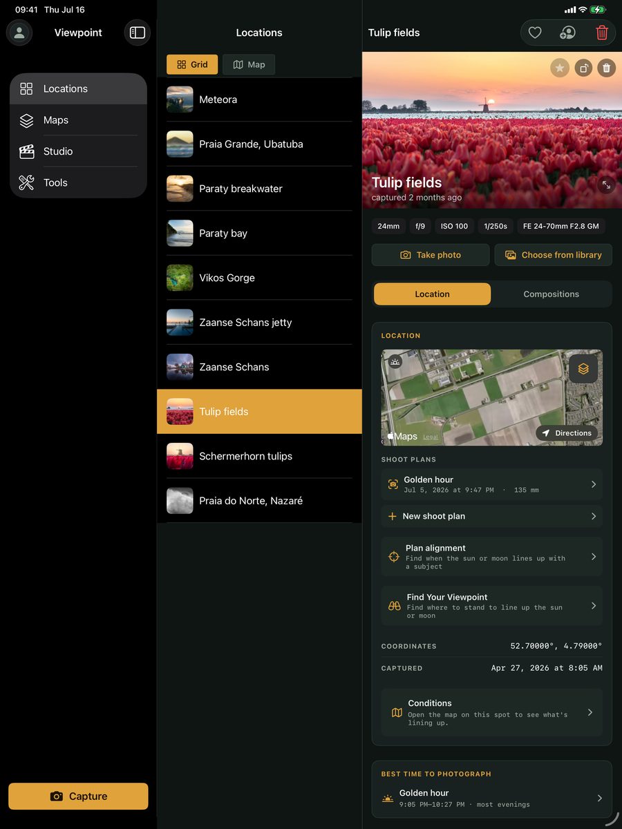 Viewpoint on iPad — the gallery split view with a spot's photo, EXIF and shoot plans on the big screen