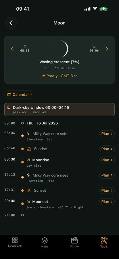 Viewpoint Moon almanac showing the phase, the nightly dark-sky window and Milky Way core times
