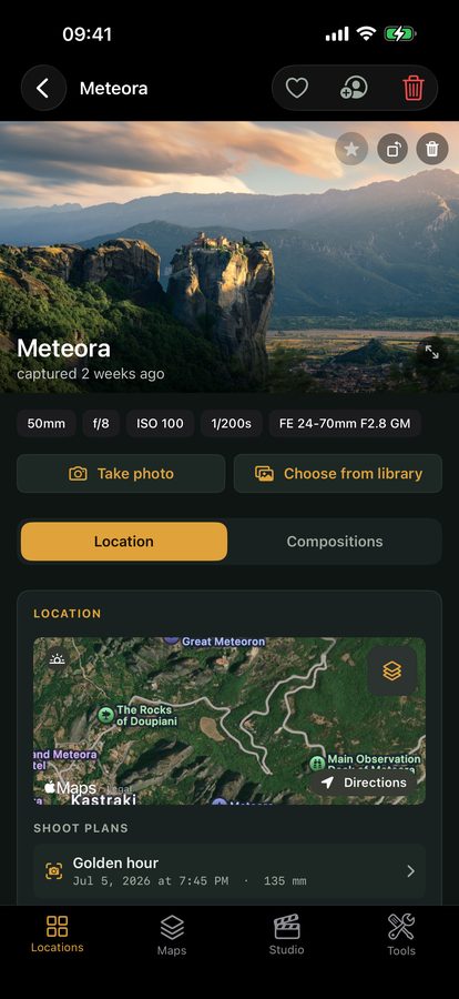A captured spot with its photo, EXIF and location