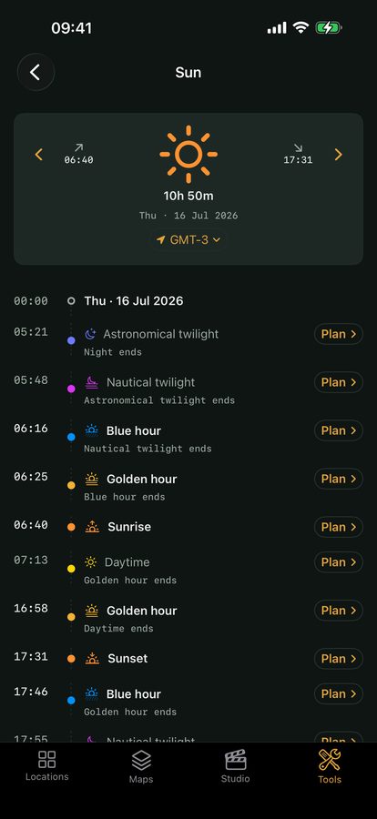 Sun almanac listing sunrise, sunset, golden and blue hour times