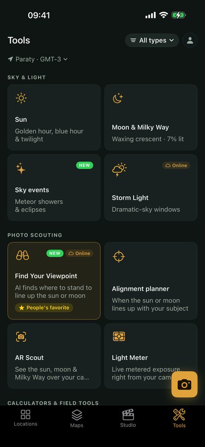 Viewpoint calculators including the star-trail calculator that gives frame count and total duration