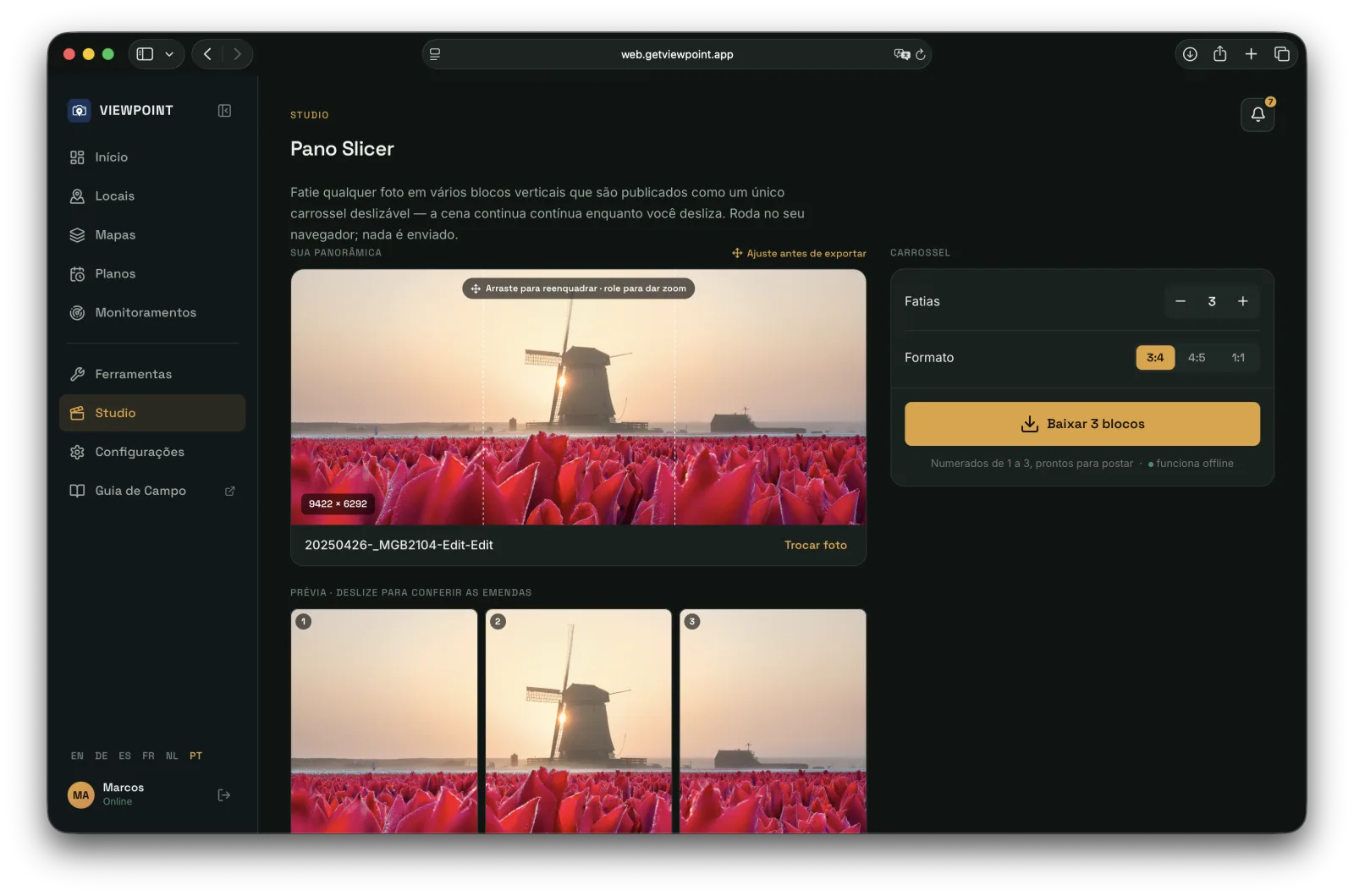 Pano Slicer no app web do Viewpoint: uma foto ampla de nascer do sol com um moinho acima de um campo de tulipas vermelhas, mostrada na tela de enquadramento com guias de fatia tracejados, seus controles de Fatias e de formato 3:4, e os três blocos numerados do carrossel visualizados abaixo.