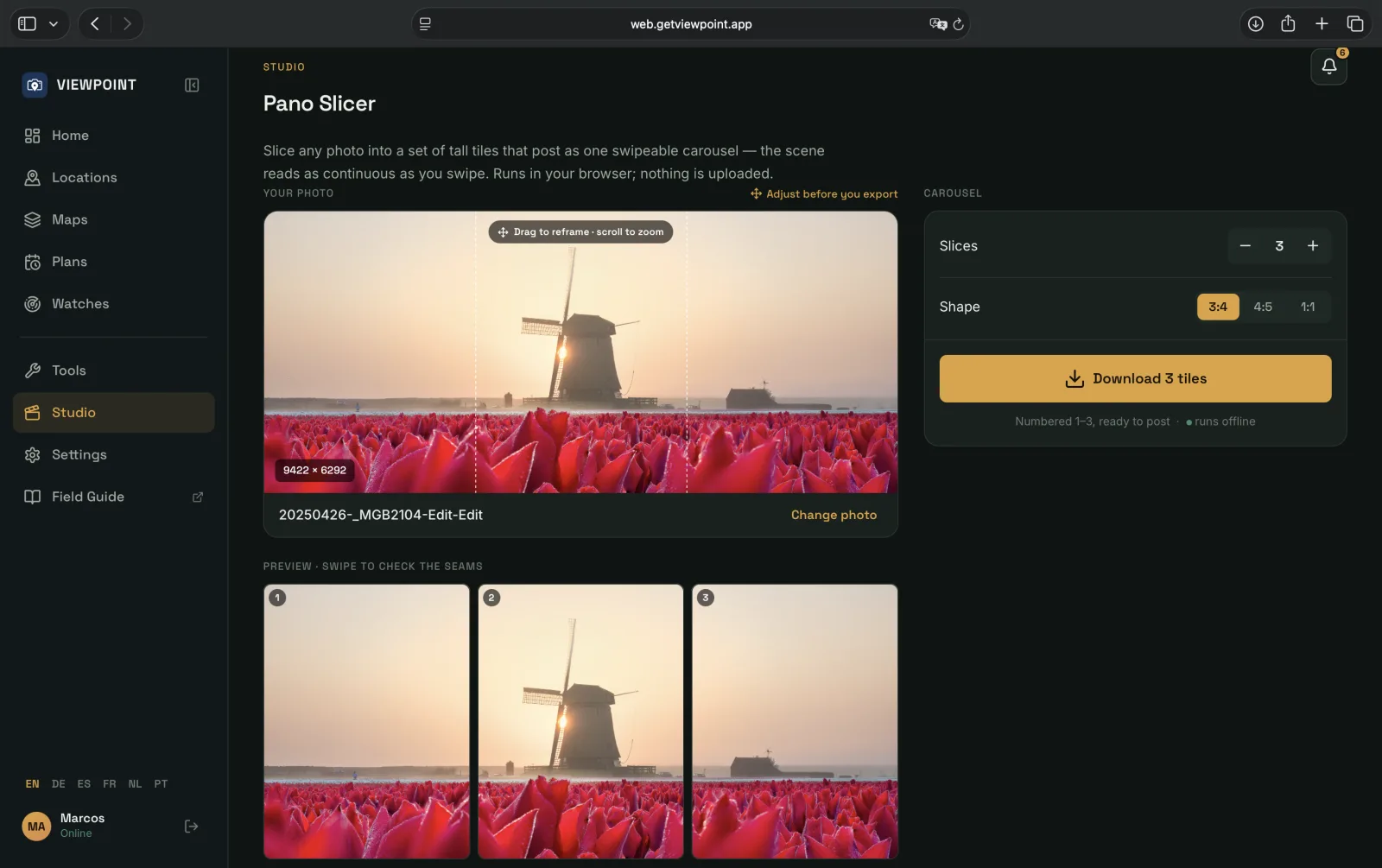 Pano Slicer in the Viewpoint web app: a wide sunrise photo of a windmill above a red tulip field, shown in the framing view with dashed slice guides, its Slices and 3:4 shape controls, and the three numbered carousel tiles previewed below.