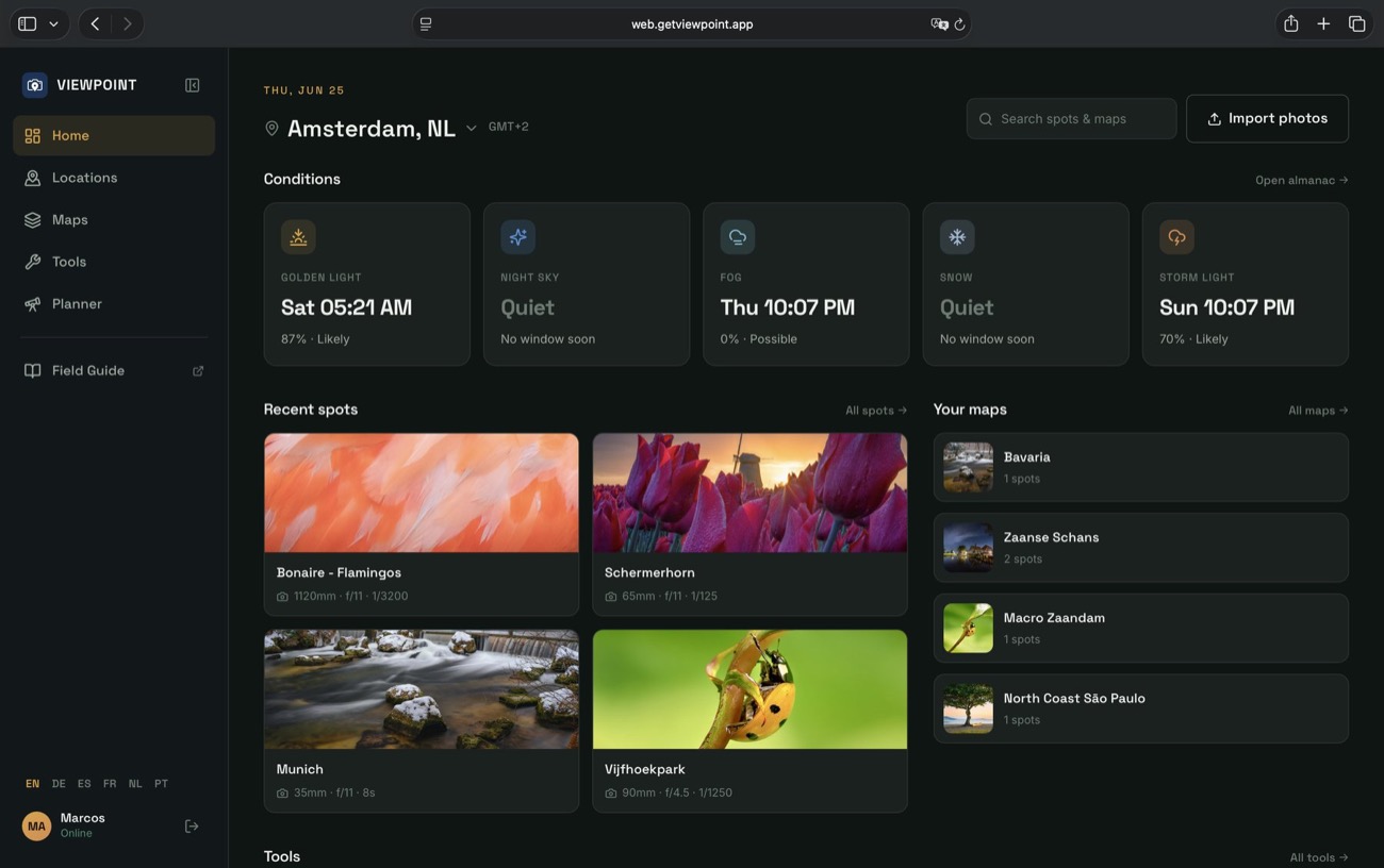 Viewpoint running in a web browser — the dashboard with conditions, recent spots and your maps on a big screen